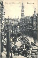 Hamburg, Fleet b. d. Reimersbrücke / canal with bridge, church, quay, market vendors