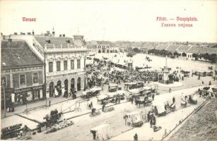 1910 Versec, Werschetz, Vrsac; Fő tér, piac árusok bódéival, Koloman Weiss, Maria Uroschevits és Wasa petrovits üzlete / main square, market with vendors' booth, shops