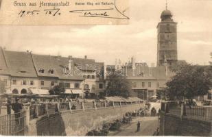 1905 Nagyszeben, Hermannstadt, Sibiu; Kis körút, Várostorony, piac bódék, üzletek / Kleiner Ring, Ratturm / square, city tower, market booths, shops