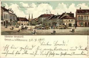1905 Versec, Werschetz, Vrsac; Ferenc József tér, utcai árusok. Wilhelm Wettl No. 125. / square with street vendors. litho