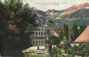 Innsbruck (Tirol), Leopoldsbrunnen, k. k. Hofburg mit Frau Hitt Gebirge (Karwendel). Verlag Wilhelm Stempfle / Habsburg palace, Leopold fountain, Frau Hitt mountain peak + K.u.K. Eisenb. Zeugs-Depot Nr. 3. Absendung zuläßig (EK)