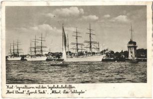 Kiel, Signalturm mit den Segelschulschiffen Horst Wessel Gorch Fock Albert-Leo-Schlageter / signal tower, sailing schools ships