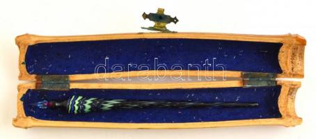 Fújt üveg írótoll, fa tokban, hibátlan, h: 19 cm