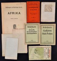 cca 1910-1940 Vegyes térkép tétel, 9 db, London and Suburbs térképe, Olaszország térképe, Reliefkarte von Galizien und Süd-Polen, Reliefkarte von deutsch-französischen Grezngebiete, Orosz-japán háború térképe, Égei tenger és Kréta, Lengyelország térképe, Ostseebad Zoppot térképe, Afrika térkép (Velghagen&Klaflings), különféle méretben, változó állapotban.