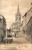 1905 Nagyszeben, Hermannstadt, Sibiu; Hundsrücken, Evangélikus fiú iskola és templom / boy school and church, street view