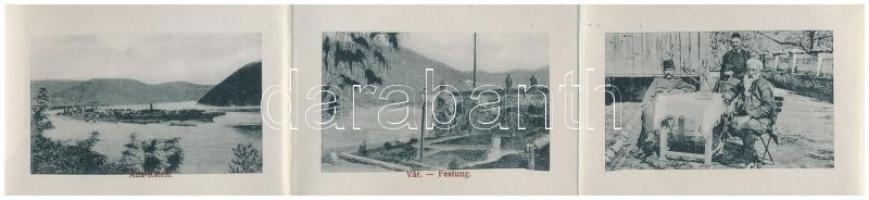 Ada Kaleh, törökök csoportképe török zászlókkal. Leporellolap belül bazárral és Bego Mustafaval; Ali...