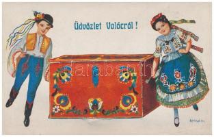 Volóc, Volovec, Volovets; népviseletes folklór leporellólap, belül: Hangya Szövetkezet üzlete, vasútállomás / folklore leporellocard, inside: cooperative shop, railway station. s: Klaudinyi (fl)