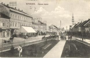 1918 Eperjes, Presov; Fő utca, kapáló férfi a díszkertben, Bieringer Ferenc üzlet / main street, shops, man hoeing in the garden (vágott / cut)