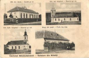 Mihálcfalva, Michelsdorf, Mihalt; Scoala gr.-or., Biserica gr.-or., Biserica gr.-cat., Posta reg. ung. / Görögkeleti iskola, Görögkeleti templom, Görögkatolikus templom, Magyar kir. posta. Lang Henrik fényképészeti műterme / Greek Orthodox church and school, Greek Catholic church, post office (EK)