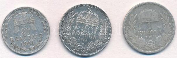 1869GYF 20kr Ag "Magyar Királyi Váltó Pénz" + 1893KB 1K Ag + 1914KB 1K Ag "Ferenc Józ...