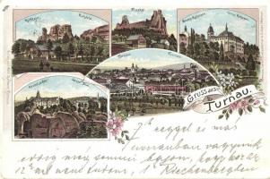 1899 Turnov, Turnau; Rotstein, Trosky, Hroby Rohozec, Hrubá Skála / Rotstejn castle, Trosky castle, Rohozec castle. Verlag v. Ant. Martinec. Hermann Seibt (Kretzschmar & Schatz) No. 790. Art Nouveau, floral, litho (EK)