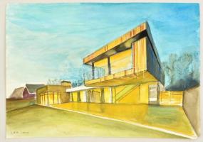 Korda jelzéssel: Modern ház. Akvarell-tus, papír, 29×42 cm
