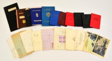 Papírrégiség tétel: I. és II. világháborús katonai posta 40 db, nyílt parancs, ipari rajziskola bizonyítvány, fuvarlevél, régi fotók, képeslapok, okmányok, útlevelek, tagsági, légoltalmi igazolvány, munkakönyv, leckekönyv, levelek