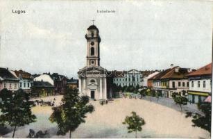 Lugos, Lugoj - 2 db régi városképes lap: Temes folyó részlete, Izabella tér / 2 pre-1945 town-view postcards: Timis riverside, square with Greek Catholic church