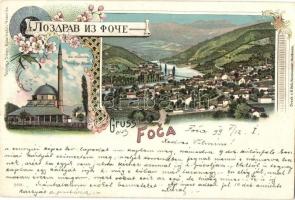 1899 Foca, Mosque, genera view, Verlag von Sinovi Nika, floral, Art Nouveau, litho