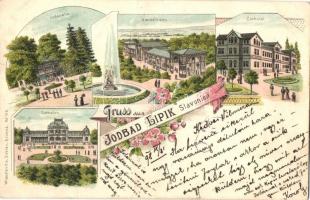 1898 Lipik, Jodbad, Cursalon, Wandelbahn, Jodquelle, Curhotel / spa, fountain, promenade, well, hotel. floral, Art Nouveau, litho (fa)