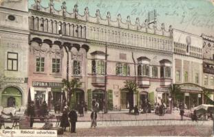 1913 Eperjes, Presov; Rákóczi udvarház, Spira Hendrik, Eichenbaum, Goldwender és Moskovits-cipőgyár üzlete / shops (szakadás / tear)