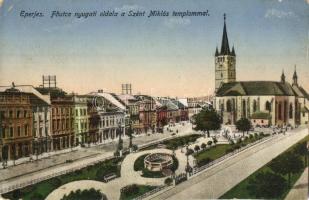 1917 Eperjes, Presov; Fő utca nyugati oldala, Szent Miklós templom / main street with church (EK)