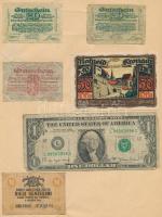 34db-os vegyes magyar és külföldi bankjegy és szükségpénz tétel, papír albumban T:vegyes