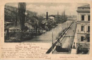 1899 Sarajevo, Quaipartie mt linken Ufer / quay, tram
