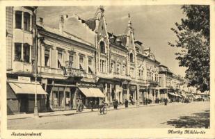 Szatmárnémeti, Satu Mare; Horthy Miklós tér, Fischer és Fried üzlete, kerékpár / square, shops, bicycle (EK)