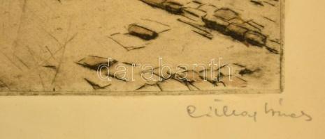 Csillag József (1894-1977): Tabán. Színezett rézkarc, papír, jelzett, üvegezett keretben, 24×17 cm