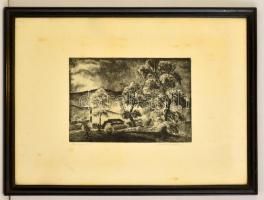 Tihanyi János Lajos (1892-1957): Őszi napsütés. Rézkarc, papír, jelzett, üvegezett keretben, 15×21 cm