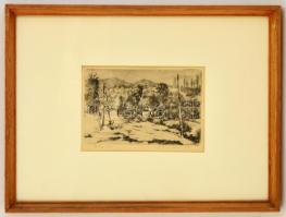 Maknics Albert (1922-): Falusi utca. Rézkarc, papír, jelzett, üvegezett keretben, 13×19 cm