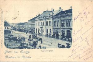 1899 Eszék, Osijek, Esseg; Kapuzinergasse / Kapucinus utca, H. Baumgarten üzlete, Georg Knittel kiadása / street, shops