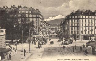 Geneva, Geneve; Rue du Mont Blanc / street view with trams, Schweizerhofs Hotel Suisse, Café Brasserie (EK)