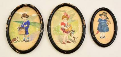 cca 1920 Matykó és Margit szignóval ellátott gyermekeket ábrázoló festett képek üvegezett keretben. 20x15 cm