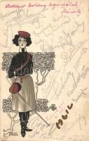 Heil / Mensur, Academic fencing lady. Art Nouveau, Studentica, A. Sockl, Wien I. 188. litho s: Fritz Smrlzka (hiányzó rész / missing part)