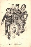 Die Generalrunde - Sechs Mann in Arrest! / Ronda generale - Sei uomini in arresto! / K.u.K. Kriegsmarine. mariners humour art postcard with gendarme. G. Fano 2107. 1910-11. s: Ed. Dworak (EK)