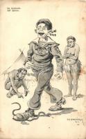 Im Auslande / All Estero / K.u.K. Kriegsmarine. Africa, mariners humour art postcard. C. Fano 5861. s: Ed. Dworak (EK)