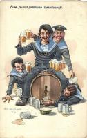 Eine feucht-fröhliche Gesellschaft / K.u.K. Kriegsmarine drunk mariners humour art postcard. C. Fano 7. 1914/15. s: Ed. Dworak (EK)