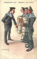 Hängematten auf! / Nummero nach vorne / K.u.K. Kriegsmarine mariners humour art postcard. C. Fano 8. 1914/15. + K.u.K. Kriegsmarine Tegetthoff s: Ed. Dworak (EK)