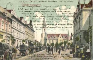 Kaposvár, utcakép piaci árusokkal és hintókkal, Török Mór üzlete. Hagelmann Károly kiadása (ázott sarkak / wet corners)