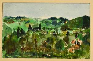 Jelzés nélkül: Erdős táj házakkal. Akvarell, papír, 23×36 cm