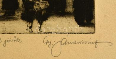 Gy. Sándor József (1887-1936): Templomból jövők. Rézkarc, papír, jelezett, 14,5×11 cm