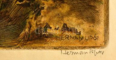 Herman Lipót (1884-1972): Fürdőzők. Színezett rézkarc, papír, jelzett, 40×50 cm