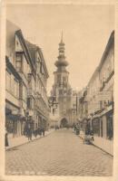 1910 Pozsony, Pressburg, Bratislava; Mihály utca, templom, Imhof Ernő gőzmosó tisztító és Neumann M. üzlete  / street view with church and shop  (EK)