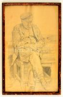 Heller Andor (1904-?): Fáradtan. Ceruza, papír, jelzett, üvegezett keretben, 37×24 cm