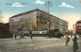 Pozsony, Pressburg, Bratislava; Elektrische Bahn (Pressburger Bahn) / Savoy szálloda, Pozsony-Bécs villamos vasút / hotel, tram, Bratislava-Wien urban railway + K.u.K. Garnisonspital Nr. 13. Militärpflege (EK)