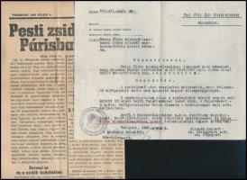 1939 Zsidó személy részére útlevelet megtagadó határozat, és az érintett rokonának közbenjárást kérő...