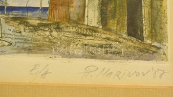 Marinov jelzéssel: Muzika. Színezett rézkarc, üvegezett keretben, paszpartuban, 13x15 cm./