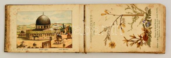 cca 1900 A Szentföld virágai fa-borítású füzet 12 képpel és szárított virágokkal. Egy két virág sérü...