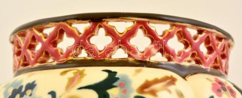 Zsolnay perzsa mintás áttört peremű kaspó, kézzel festett porcelánfajansz, jelzett (TJM), formaszám:...