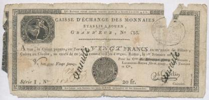 Franciaország / Rouen 1797-1803. 20Fr "annulé (érvénytelen)" felülbélyegzéssel T:IV  France / Rouen 1797-1803. 20 Francs "annulé (cancelled)" C:G Krause S245a