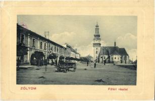 Zólyom, Zvolen; Fő tér, Római katolikus templom, üzletek. W. L. Bp. N. 5912. / main square, Catholic church, shops (szakadás / tear)