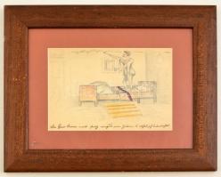 Olvashatatlan jelzéssel: Festegető beteg. Ceruza-akvarell, papír, fakeretben, 14×21 cm